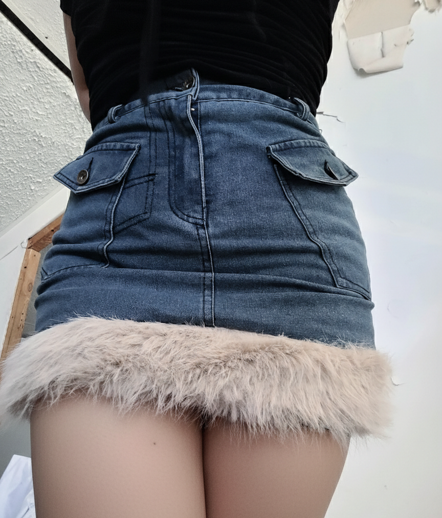 Mini falda denim con peludito