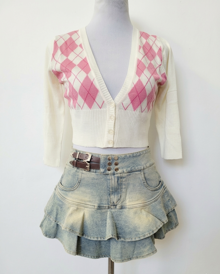 Cardigan crop manga 3/4 rombos