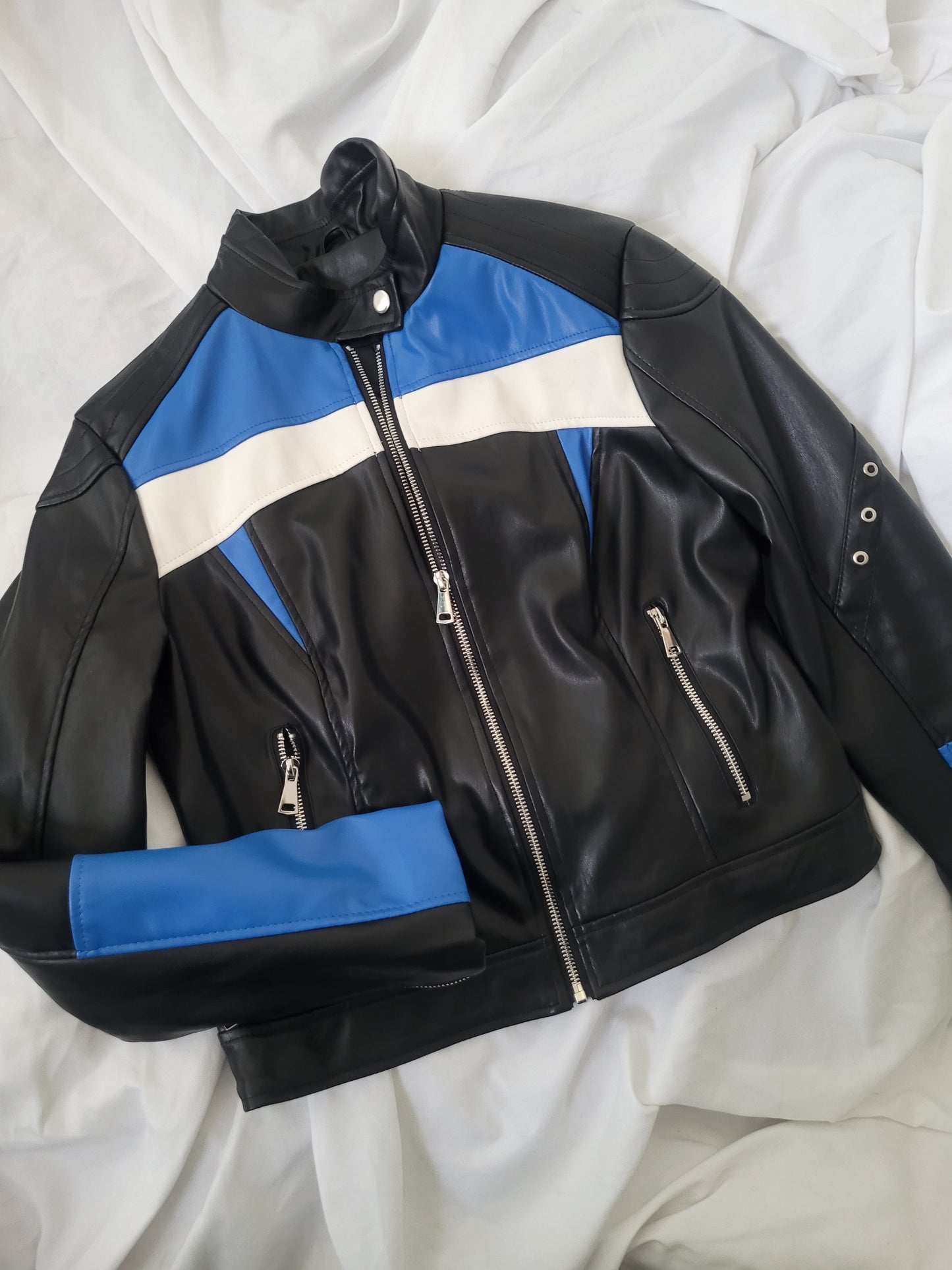 Moto jacket azul eco-cuero
