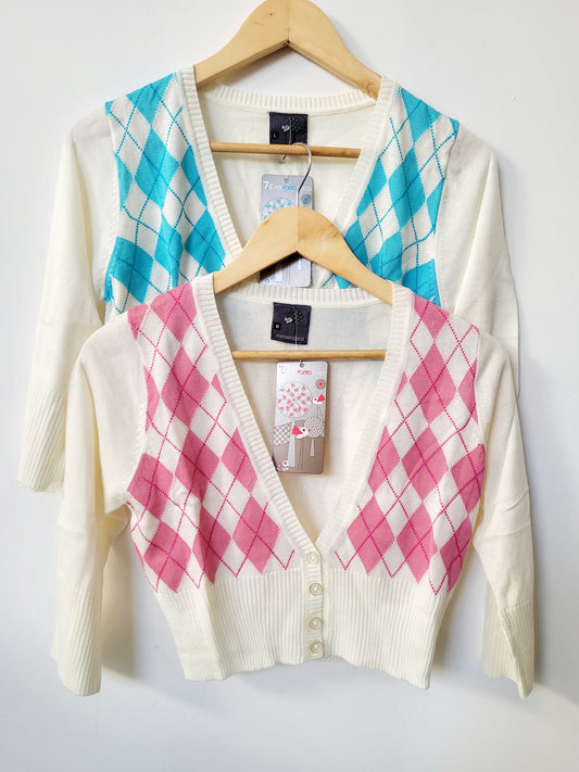 Cardigan crop manga 3/4 rombos