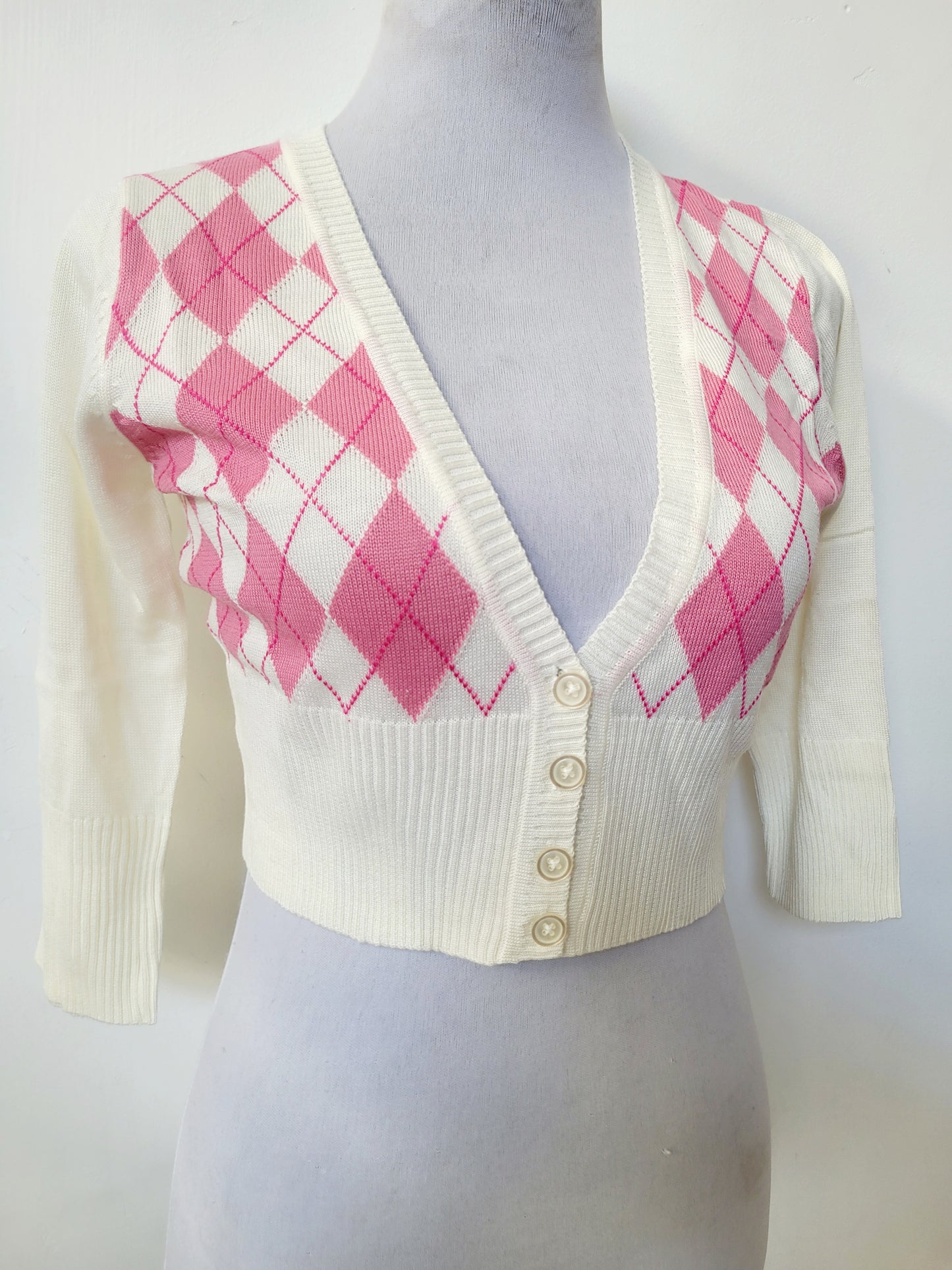 Cardigan crop manga 3/4 rombos