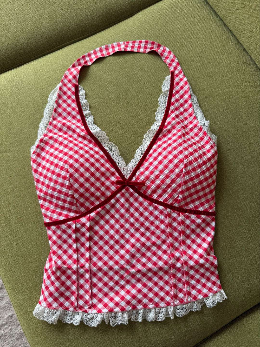 Top halter cuadrillé Broderie