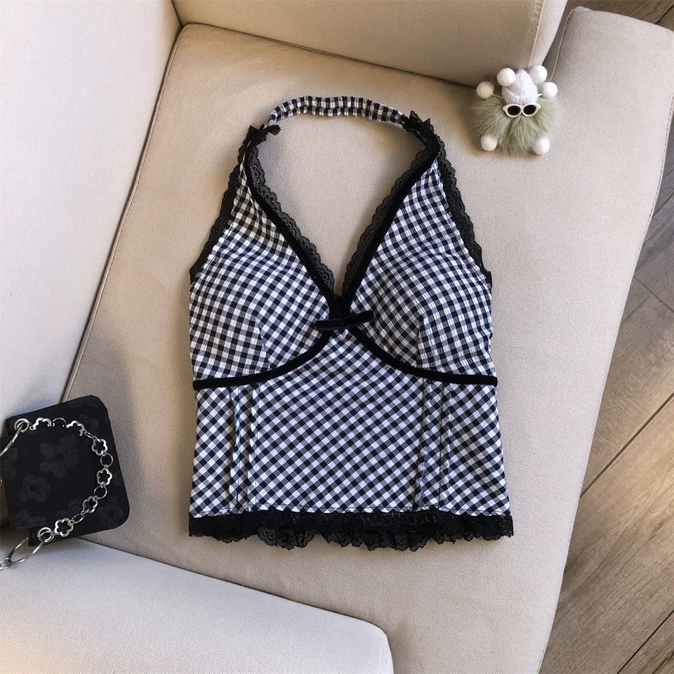 Top halter cuadrillé Broderie