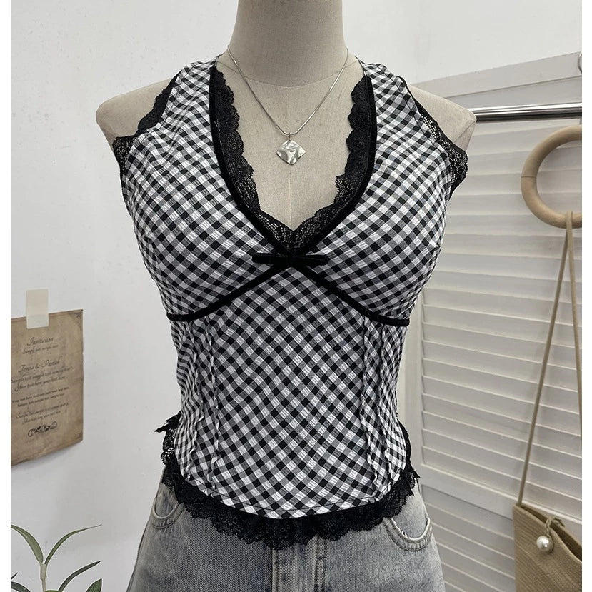 Top halter cuadrillé Broderie