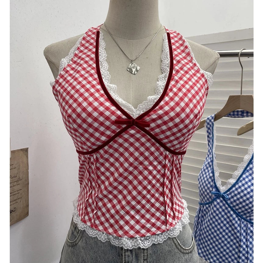 Top halter cuadrillé Broderie